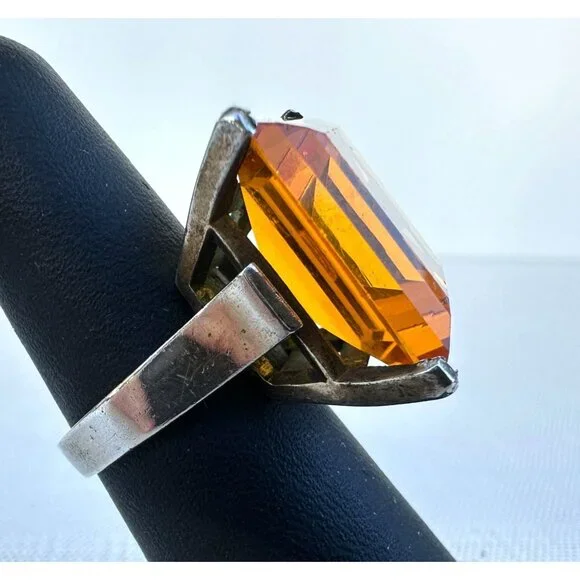 925 Silver Ring Large Amber Glass Stone Size 6.5